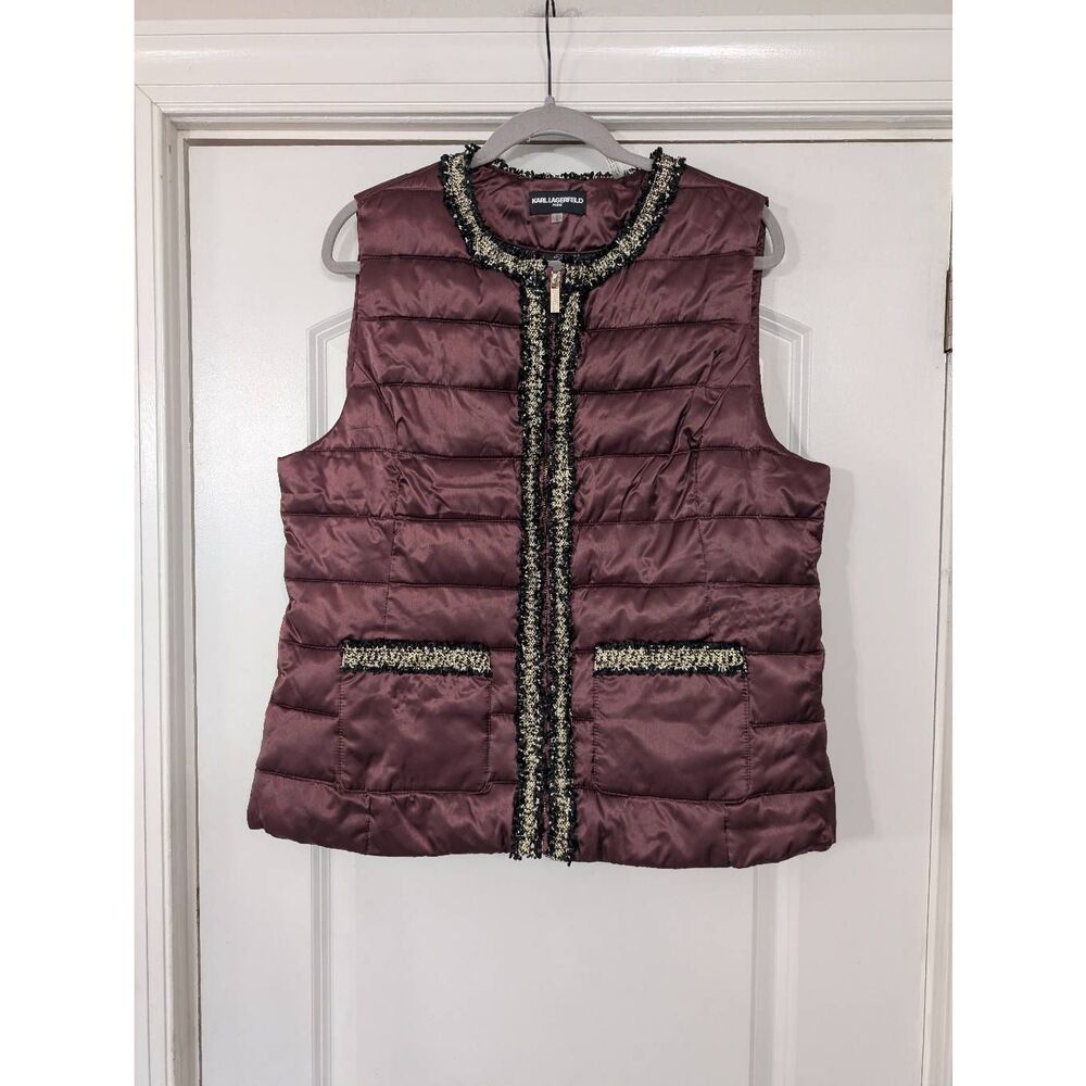 Karl Lagerfeld Puffer Vest women's large maroon‎ gold detail modern ski outdoor